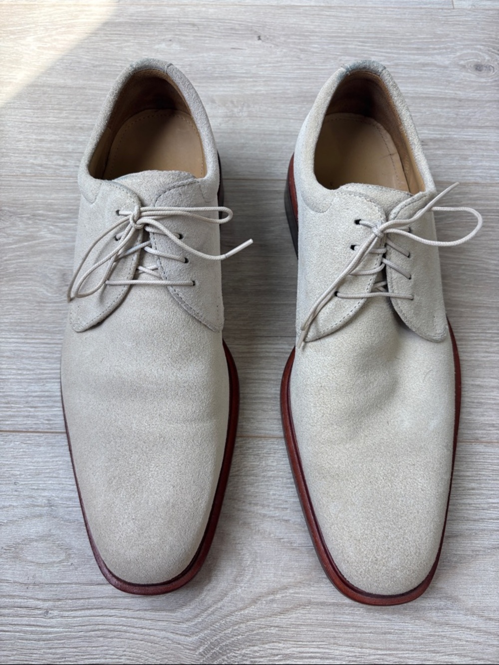 Cole Haan Light Beige Suede Derby Shoes with Brown Sole